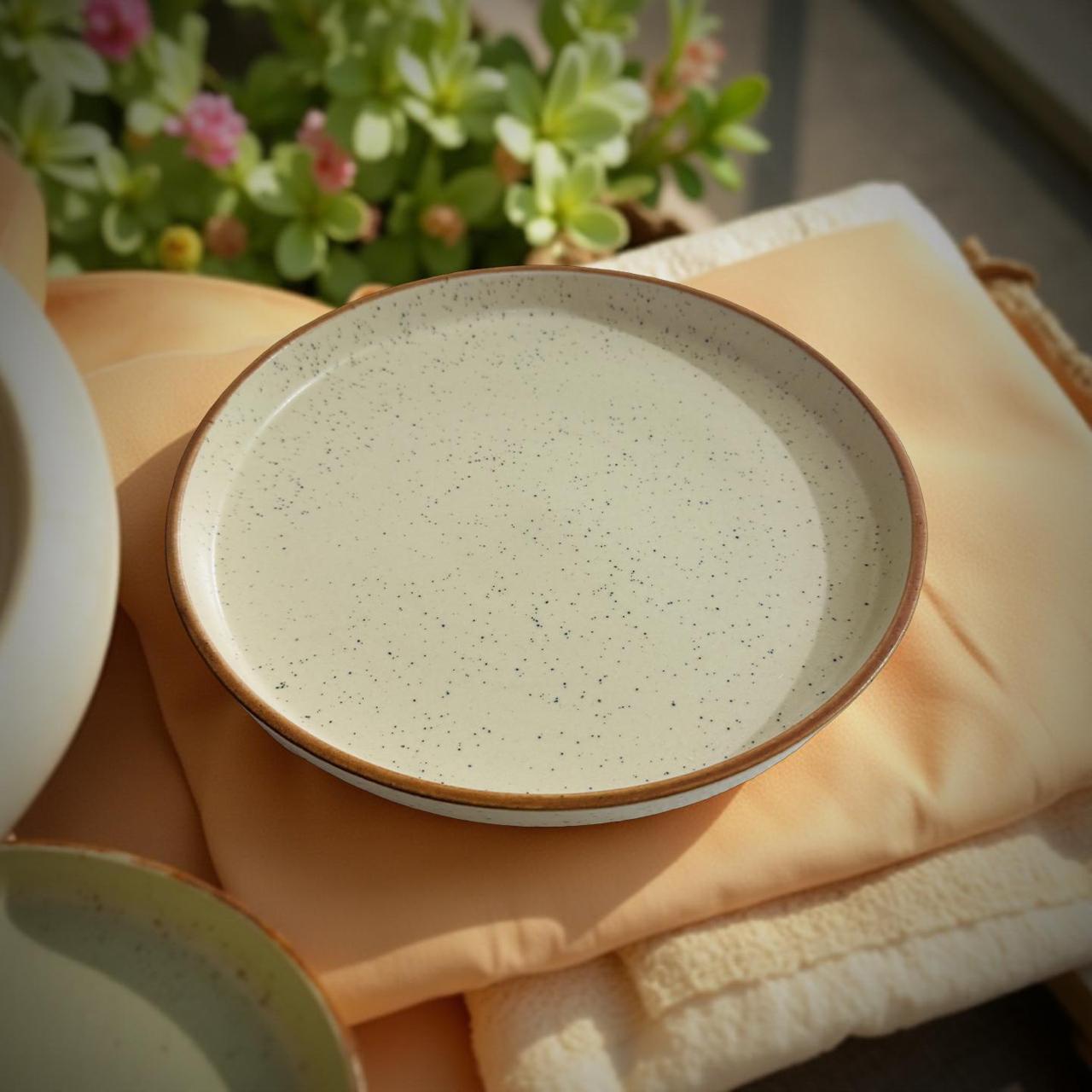 Speckled ceramic plate on a beige cloth with a blurred plant in the background