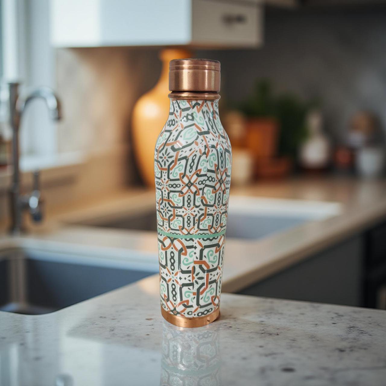 Decorative water bottle with geometric pattern on a kitchen counter