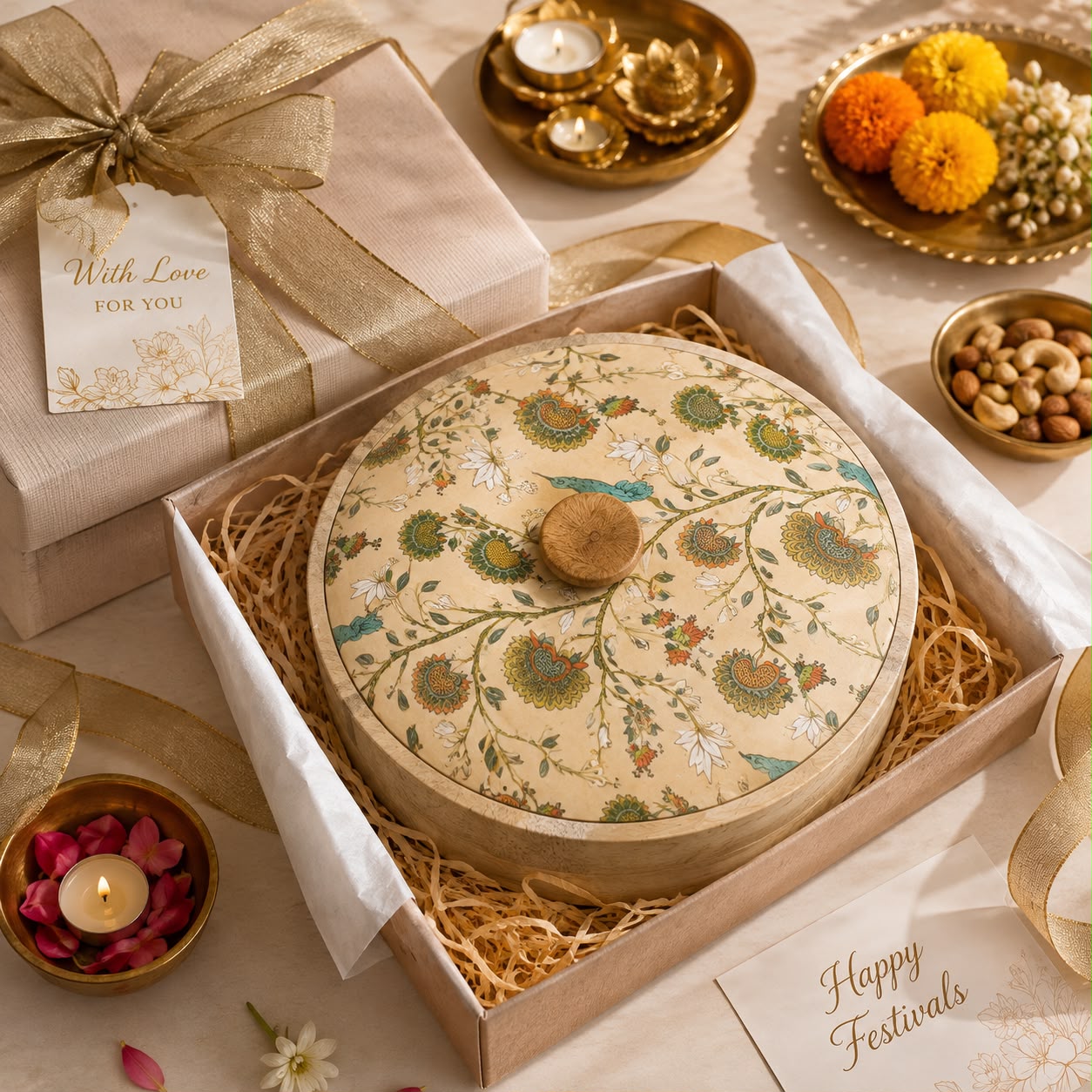 A round decorative gift box with a floral-patterned lid sits in an open kraft gift box filled with shredded paper, surrounded by festive props including candles, marigolds, nuts, and another wrapped box with a tag that reads 'With Love FOR YOU'.