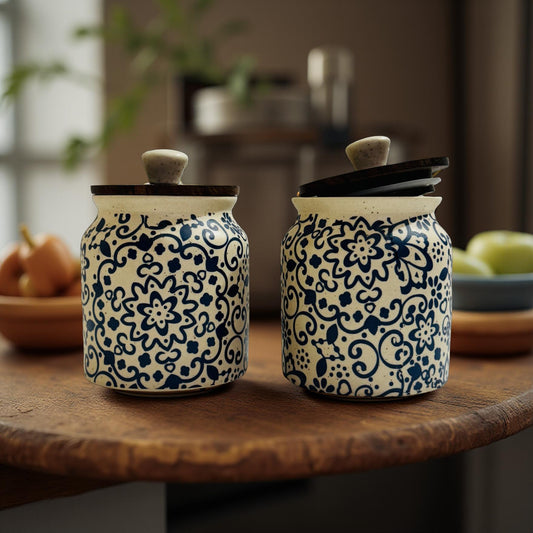 Handpainted Ceramic Jars Sitting on a Sleek Wooden Platform