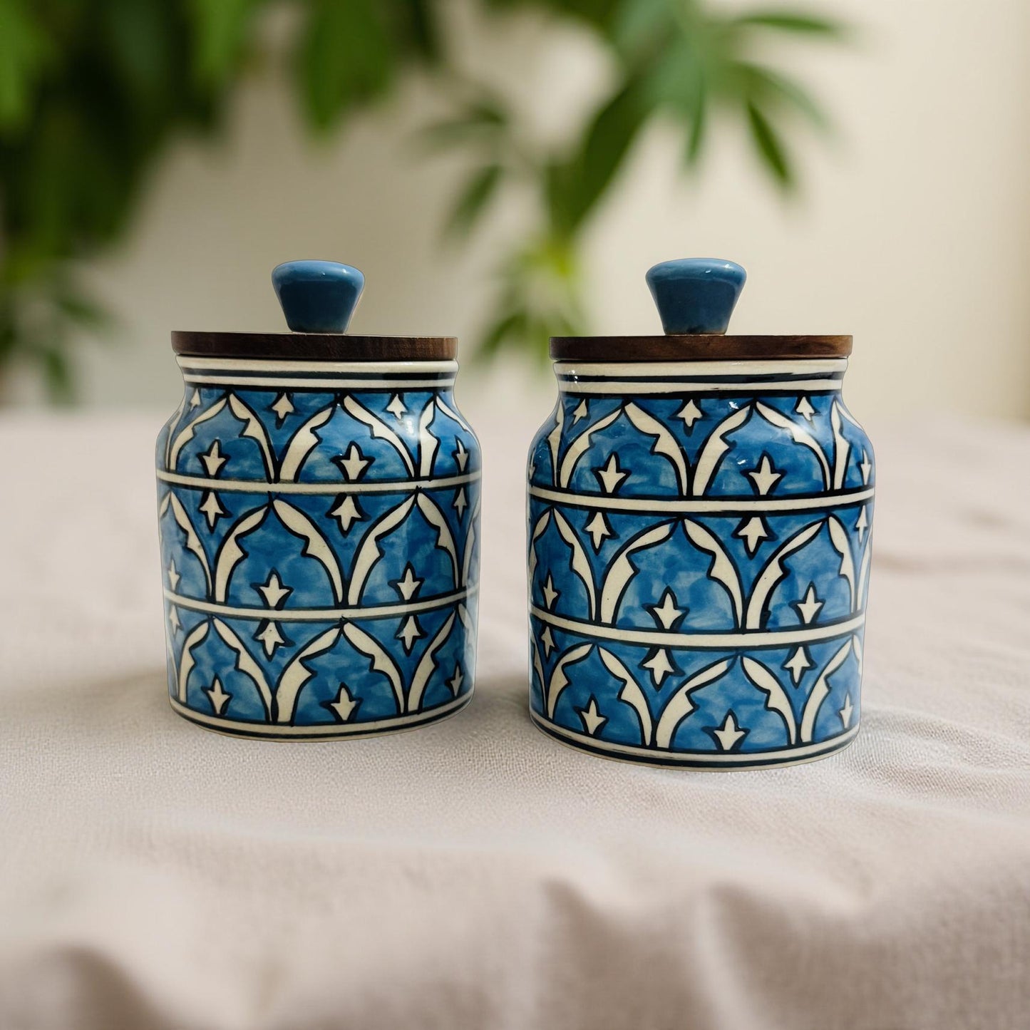 Blue Moroccan Pattern Ceramic Jars with Wooden Lid