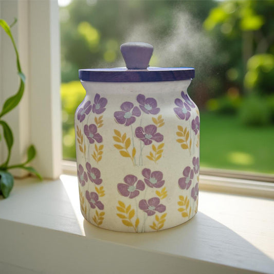 Handcrafted Floral Ceramic Jar Set with Wooden Lid - Set of 2