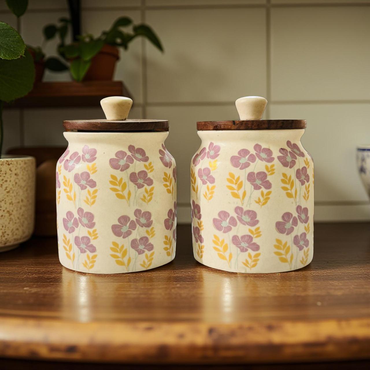 Handcrafted Floral Ceramic Jar Set with Wooden Lid - Set of 2
