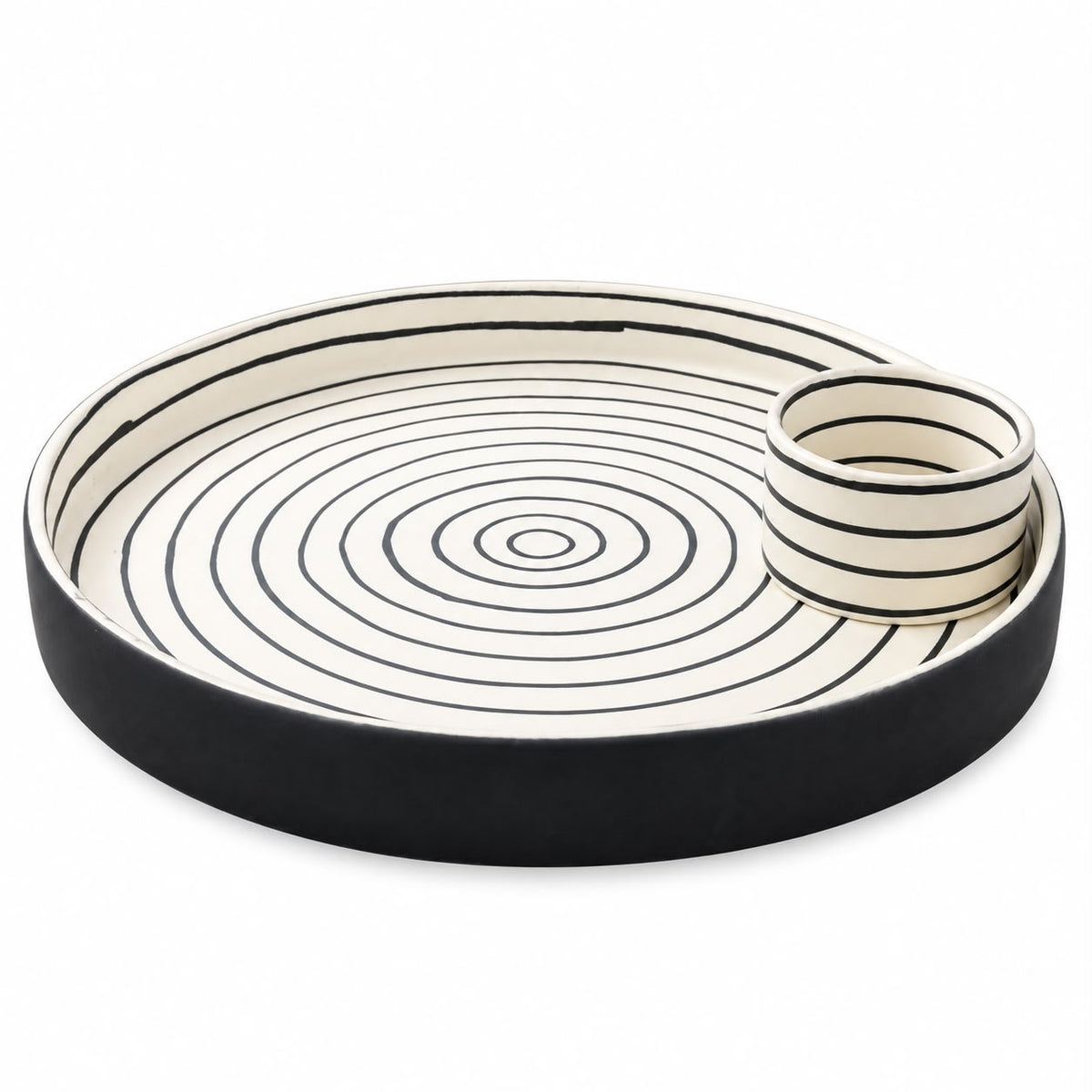 Black and white ceramic serving tray with dip bowl