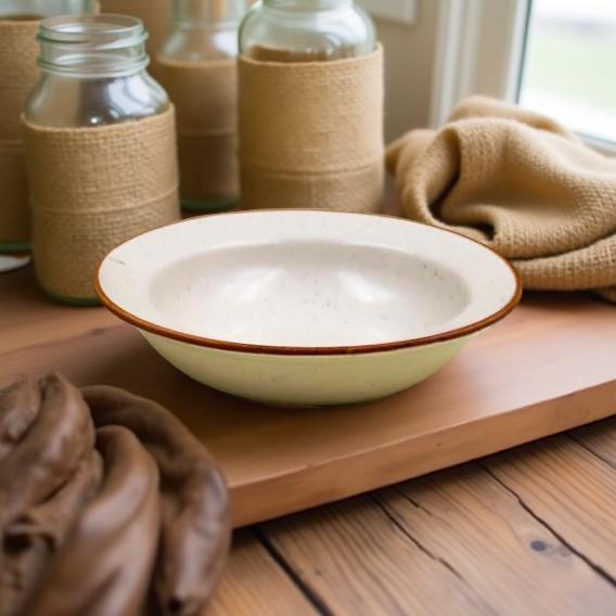 White ceramic bowl with brown rim on a wooden surface, surrounded by jars and a cloth.