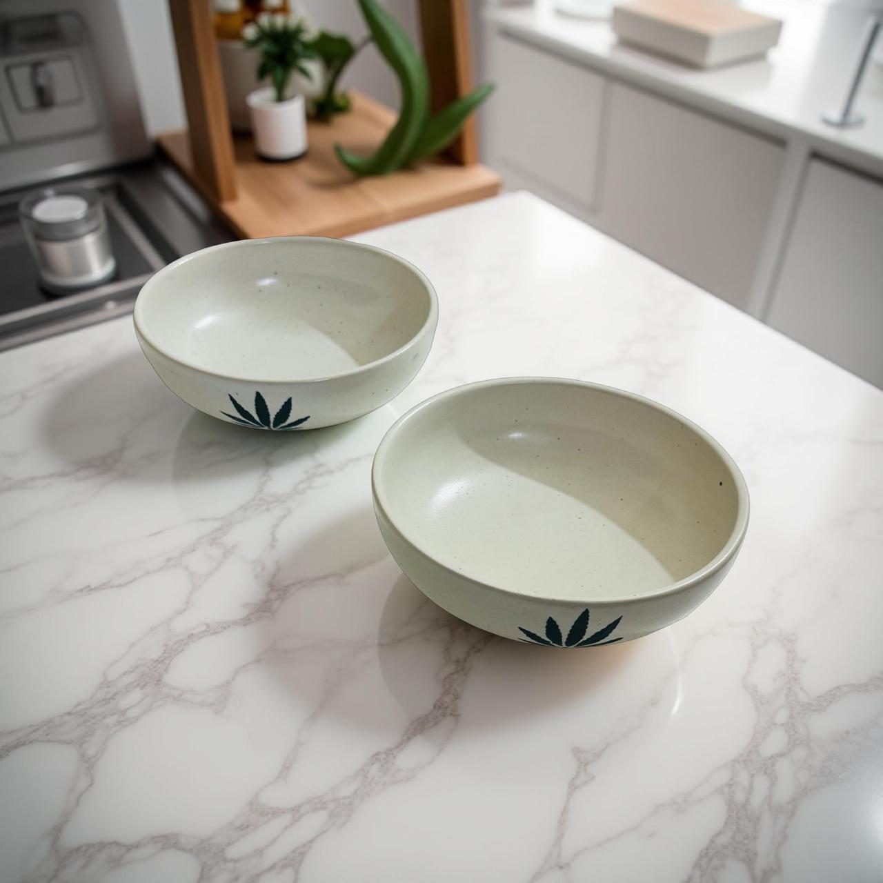 Two ceramic bowls with leaf design on a marble countertop in a kitchen.