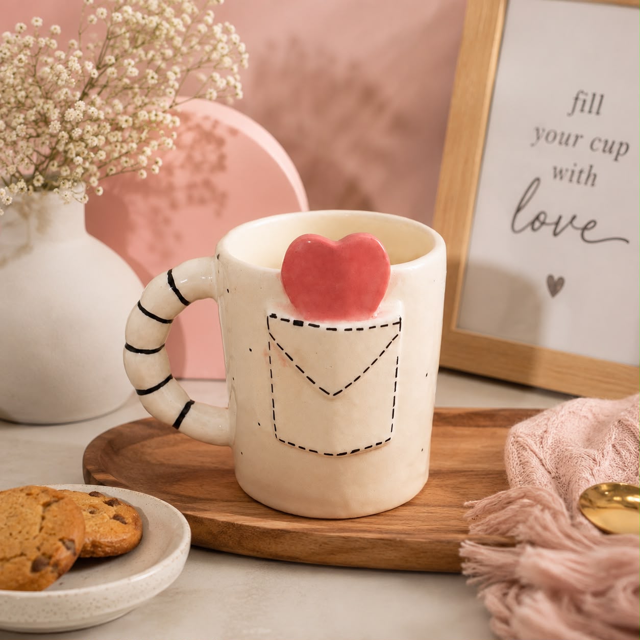 A cream-colored speckled ceramic mug with a striped handle and a faux pocket detail holding a pink heart, styled on a wooden board with cookies, baby's breath, and a pink scarf in a soft pink setting.