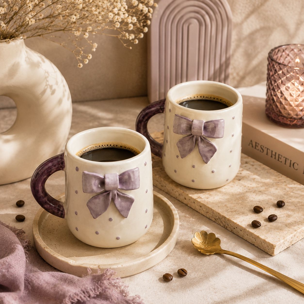 Two cream ceramic mugs with purple bow and dot patterns, filled with coffee, styled on a marble tray with coffee beans, a gold spoon, and a book in a warm, neutral-toned setting.
