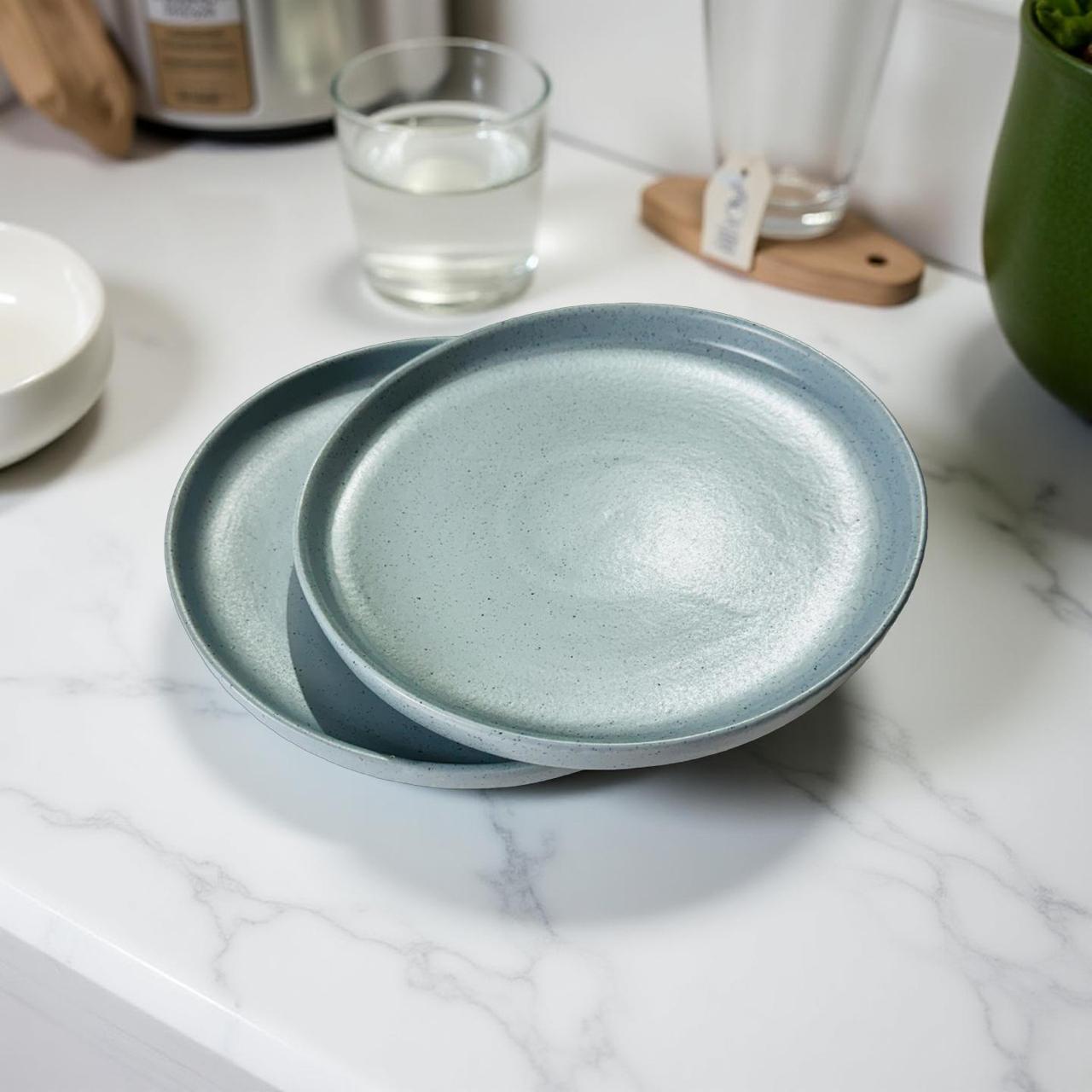 Two blue ceramic plates stacked on a marble countertop with a glass of water and a green pot in the background.