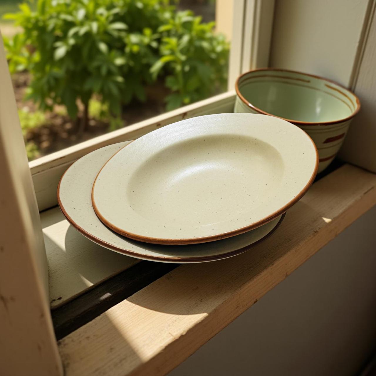 Stack of ceramic plates on a windowsill with a view of greenery outside