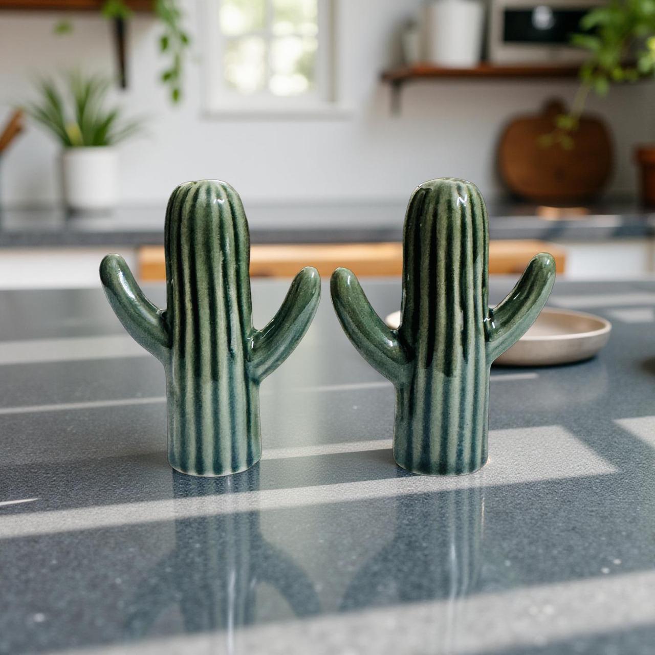 Cactus-shaped salt and pepper shakers on a kitchen counter.