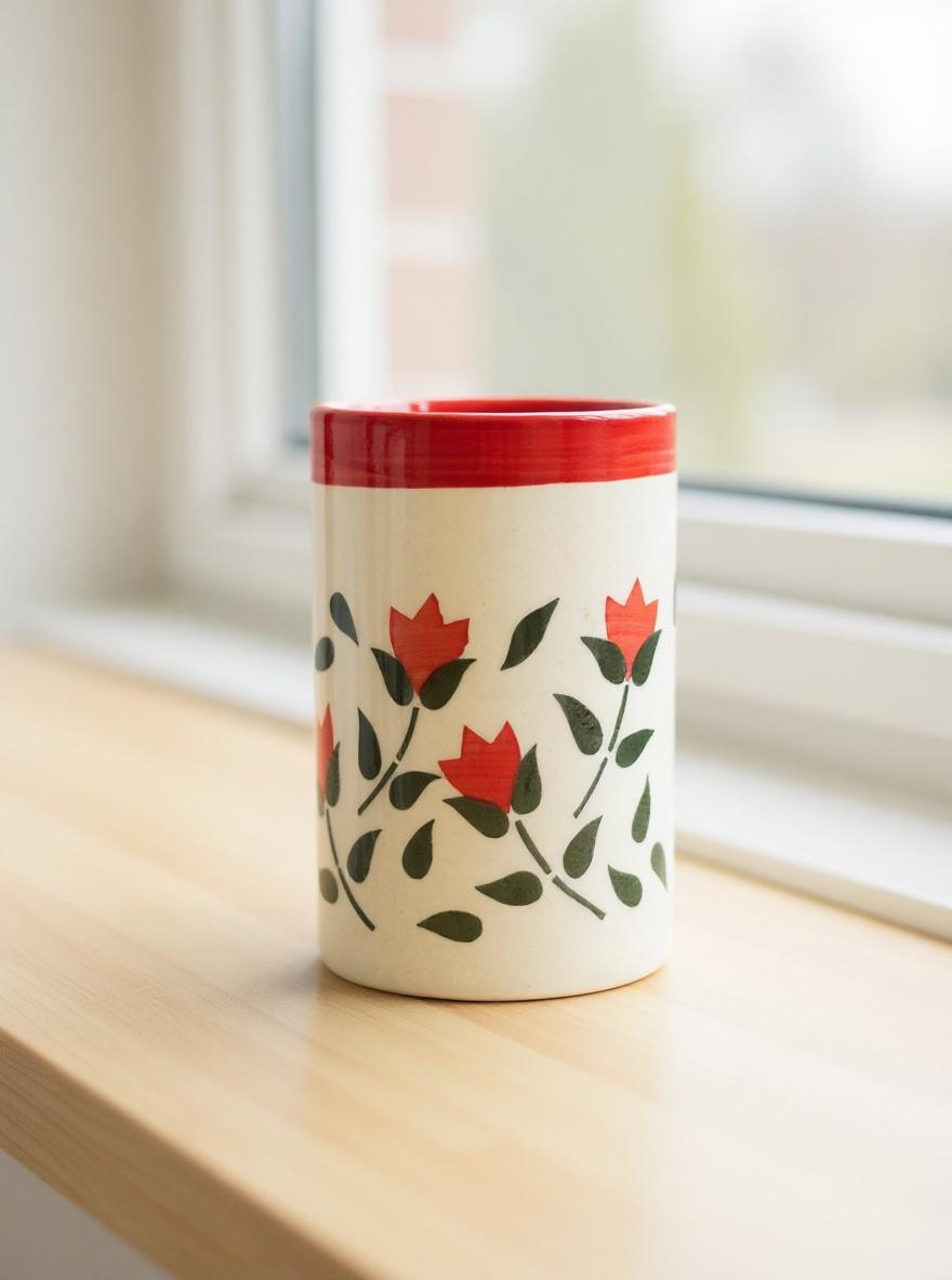 Ceramic mug with red floral design on a wooden surface near a window