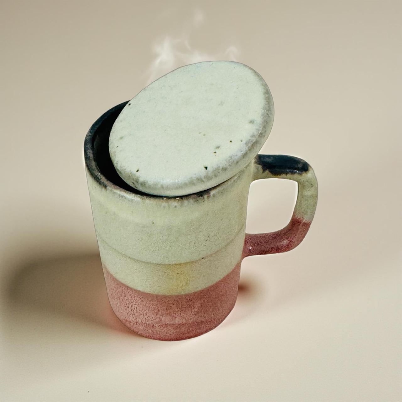 Ceramic mug with a lid on a beige background