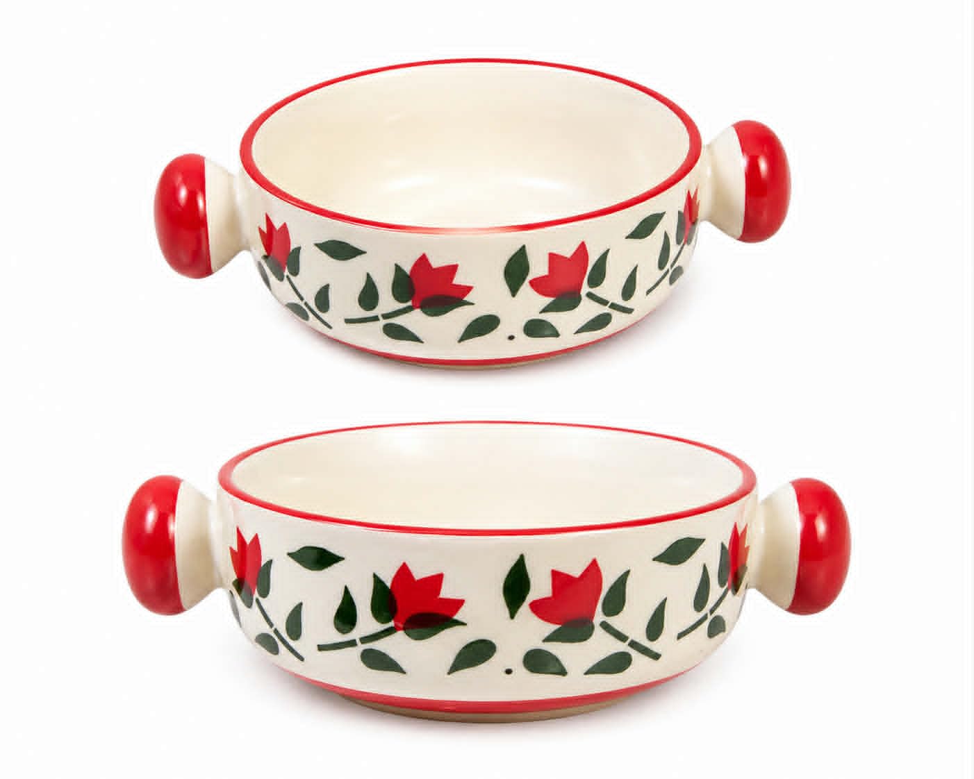 Two cream-colored ceramic bowls with red handles and a red and green floral pattern, shown on a white background.
