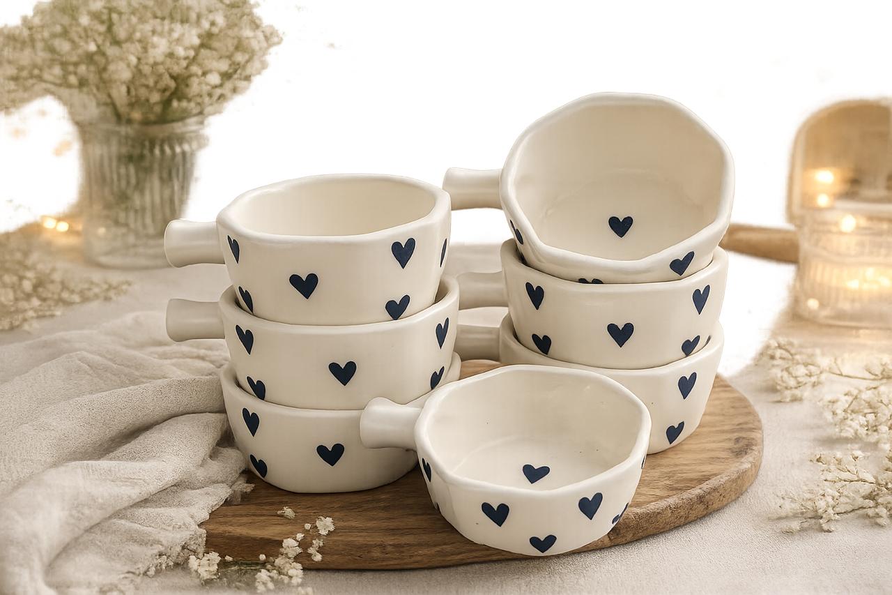 A set of white ceramic bowls with small dark blue heart patterns, arranged on a round wooden tray with neutral fabric and dried flowers in a softly lit setting.