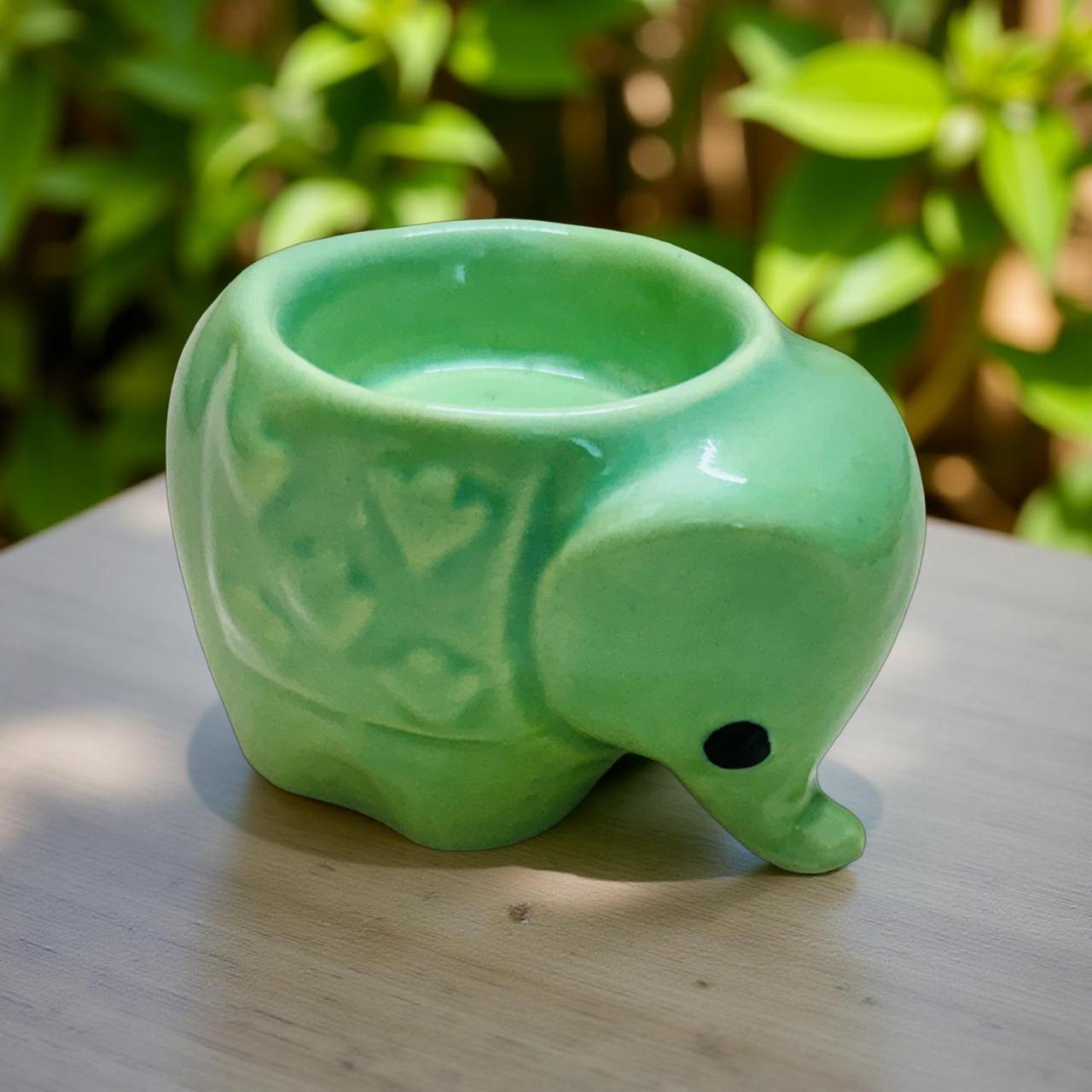 Green ceramic elephant planter on a wooden surface with a blurred green plant background