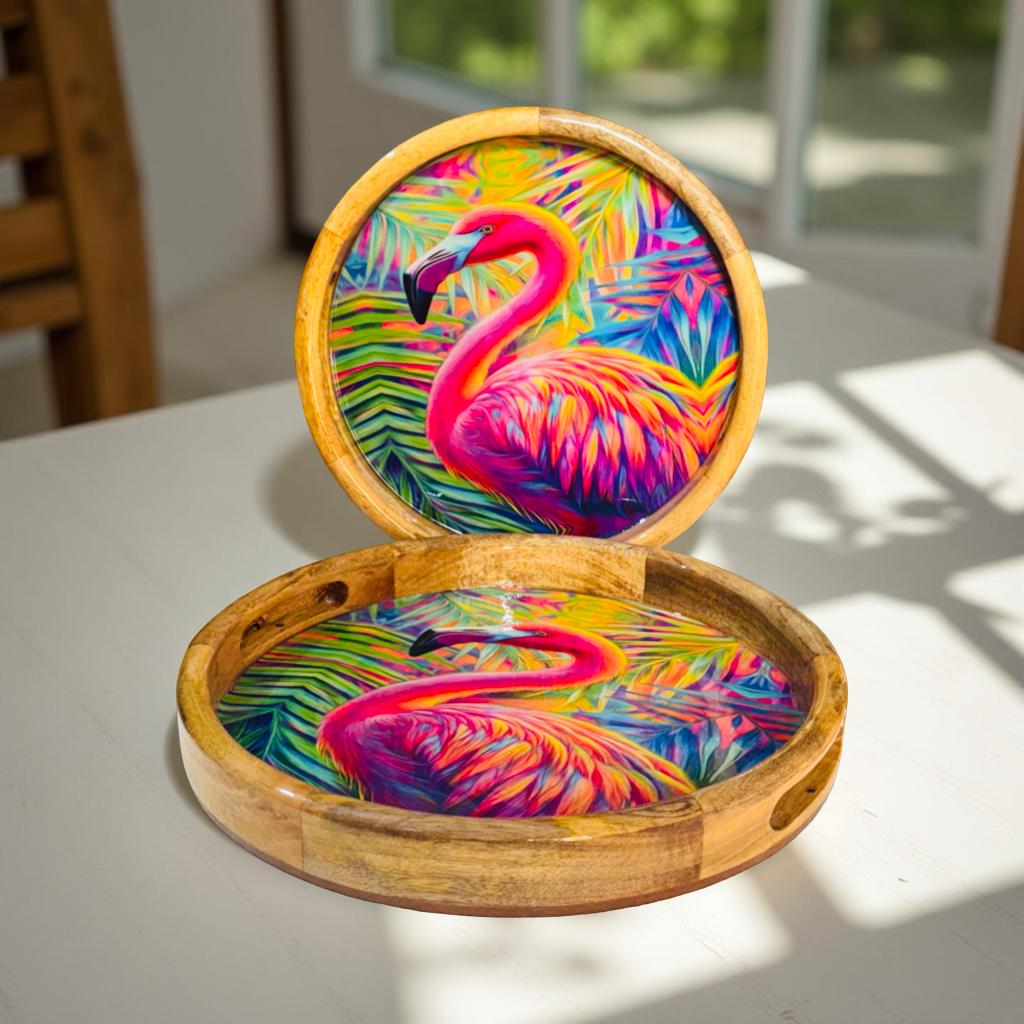 two big size wooden serving tray are kept on a white platform