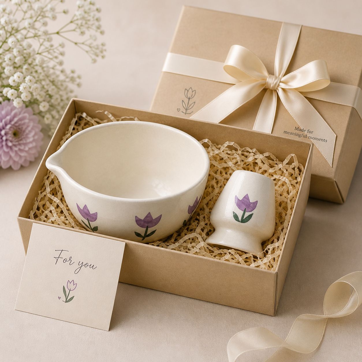 Ceramic bowl and egg cup set with floral design in a gift box, accompanied by a card and ribbon.