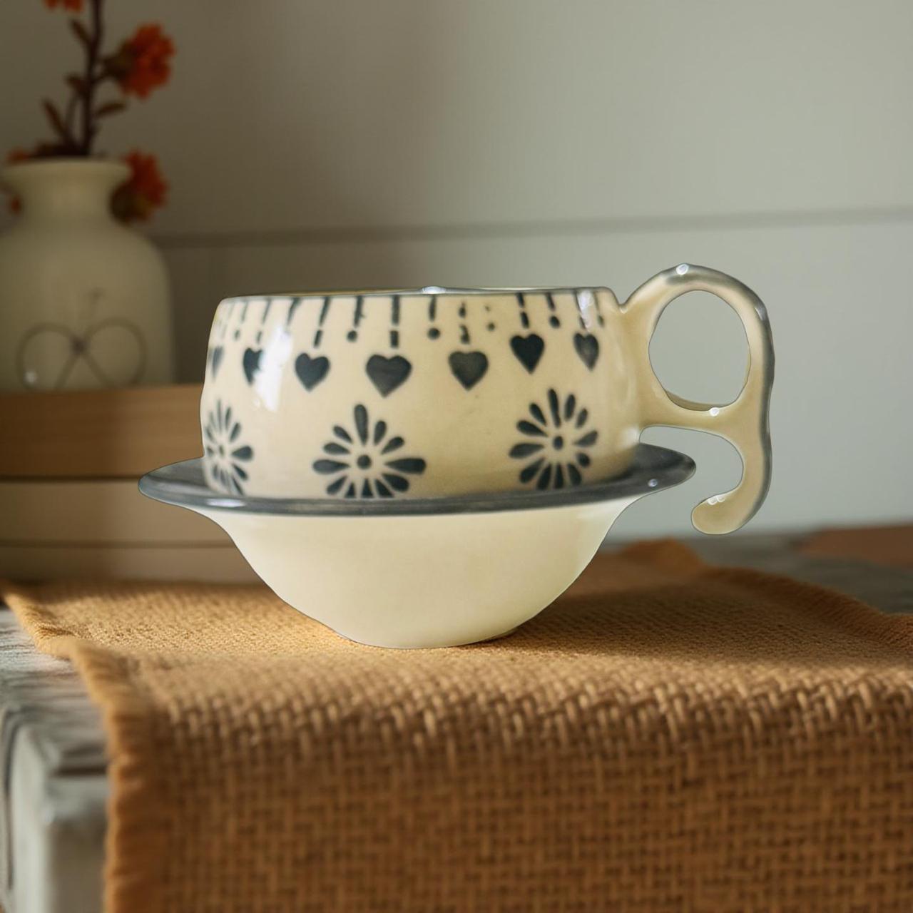 ceramic mug with plate sitting on a jute cloth