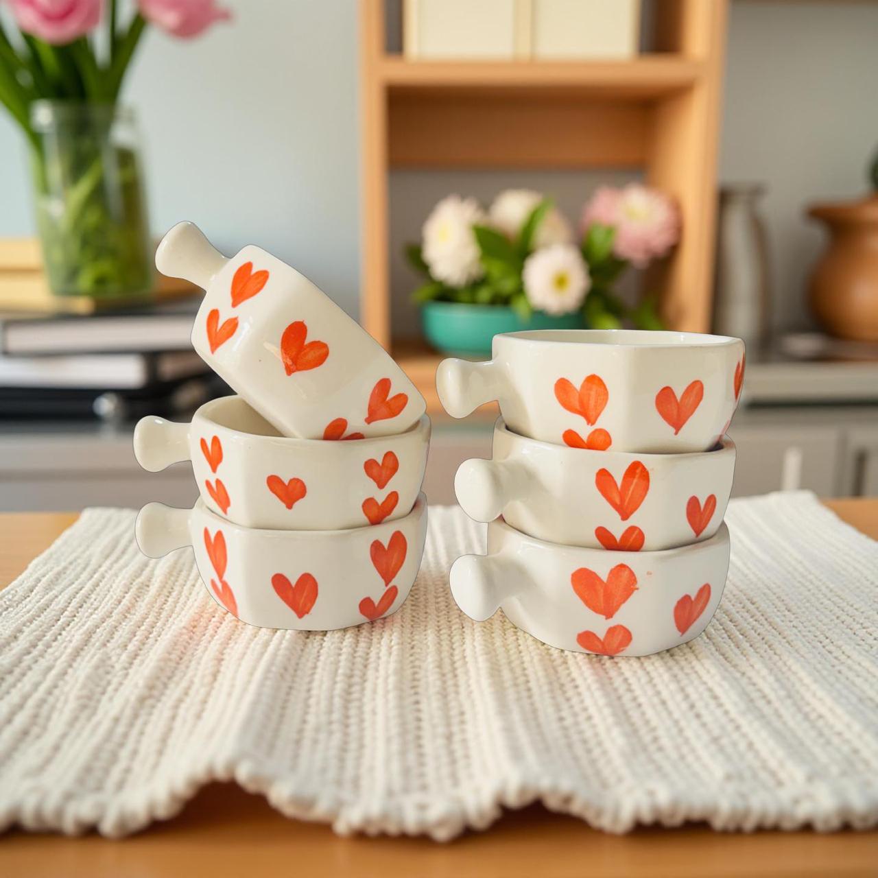 six beautiful ceramic dip bowls are placed on a tablemat with flowers and vase in the background