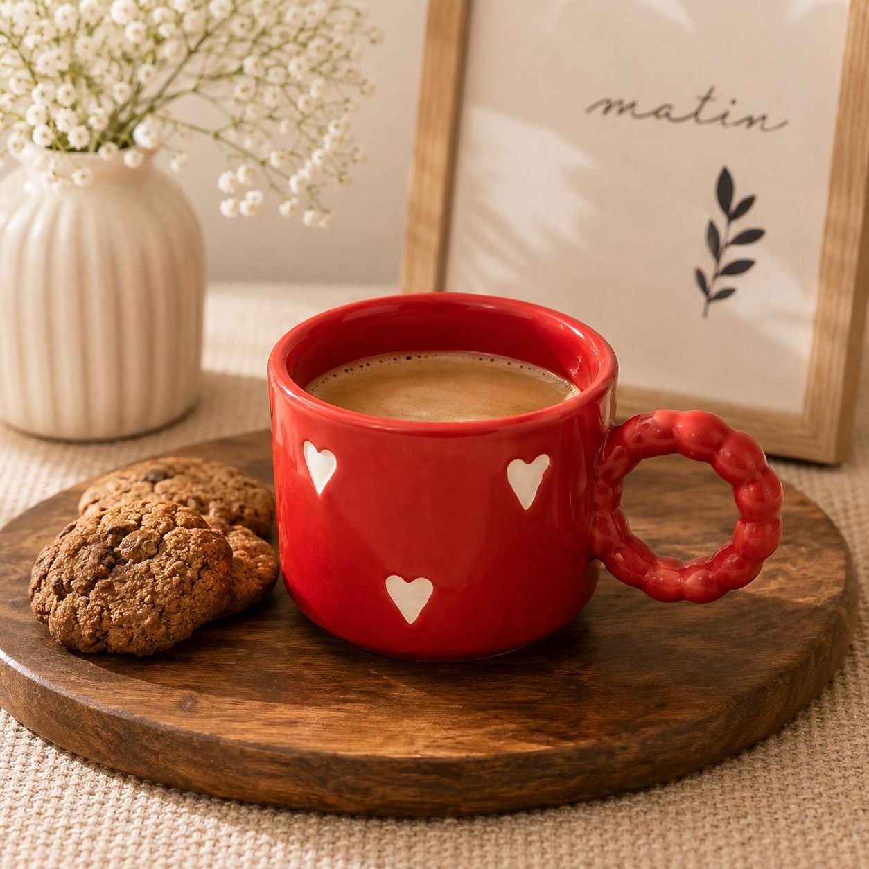 A red ceramic mug with white heart details and a braided handle, filled with coffee and placed on a round wooden tray next to a cookie, with a vase of flowers and a framed print in the background.