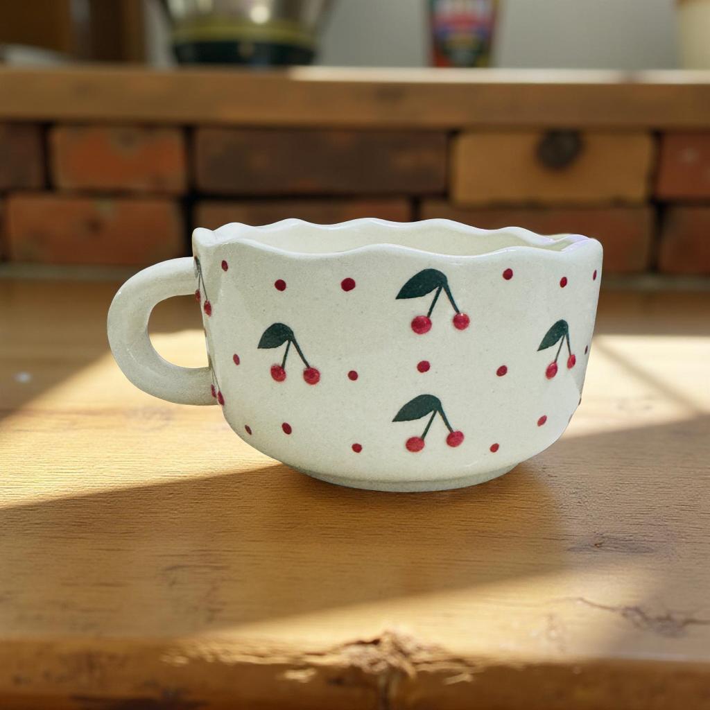 Ceramic cup with cherry pattern on a wooden surface