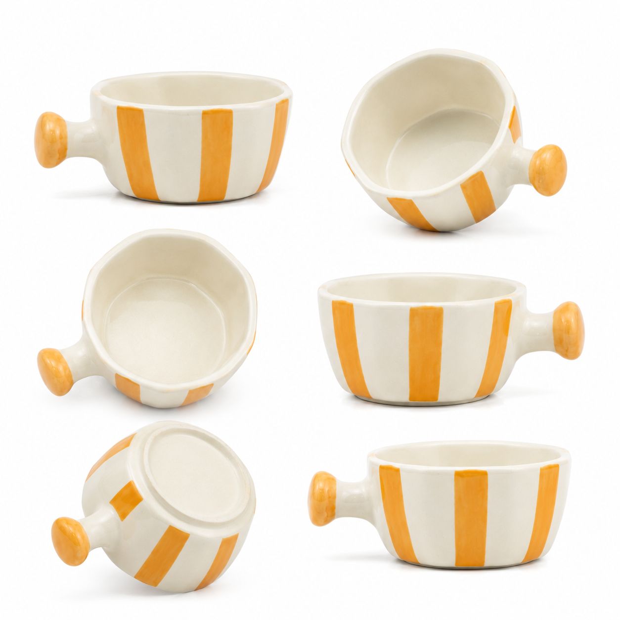 Set of ceramic cups with orange stripes and wooden handles on a white background