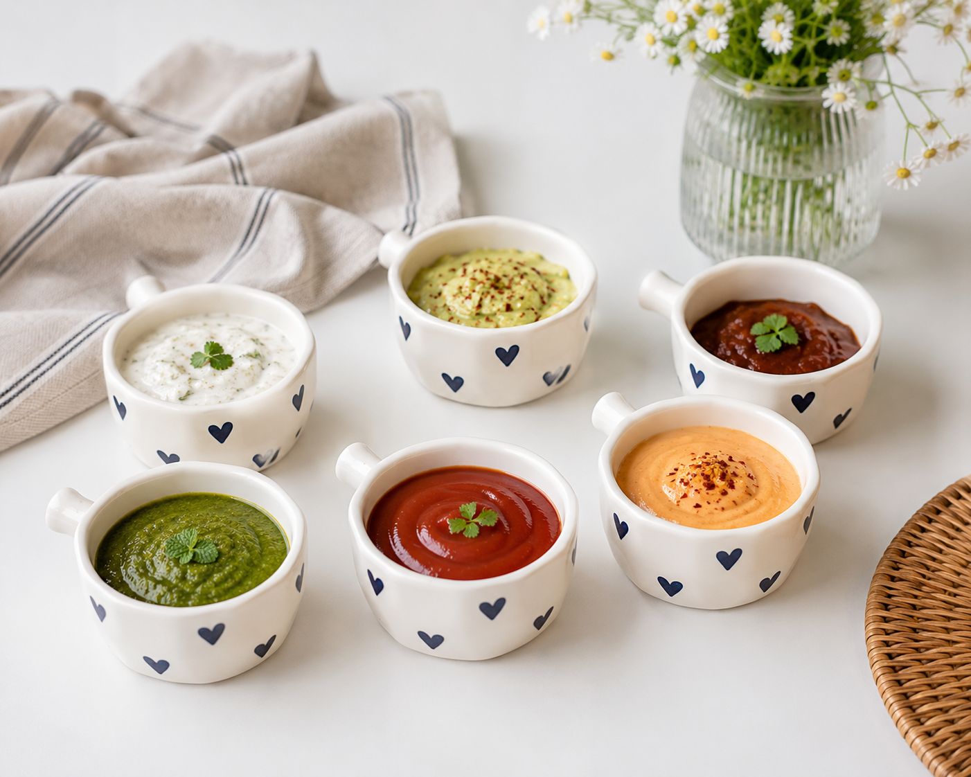 Six small white ceramic dipping bowls with dark blue heart patterns, filled with various dips (green cucumber, white yogurt, green pistachio, dark brown chocolate, orange carrot, and red ketchup), arranged on a white table with a beige striped napkin, a glass vase of daisies, and a woven placemat.