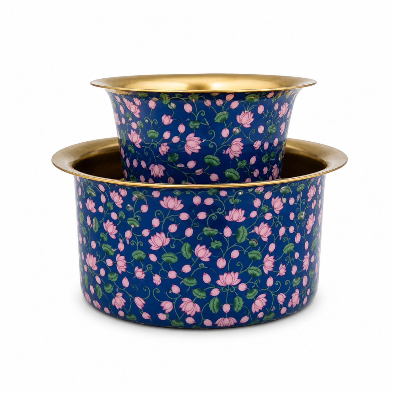 Two stacked floral-patterned enamel pots with gold rims on a white background
