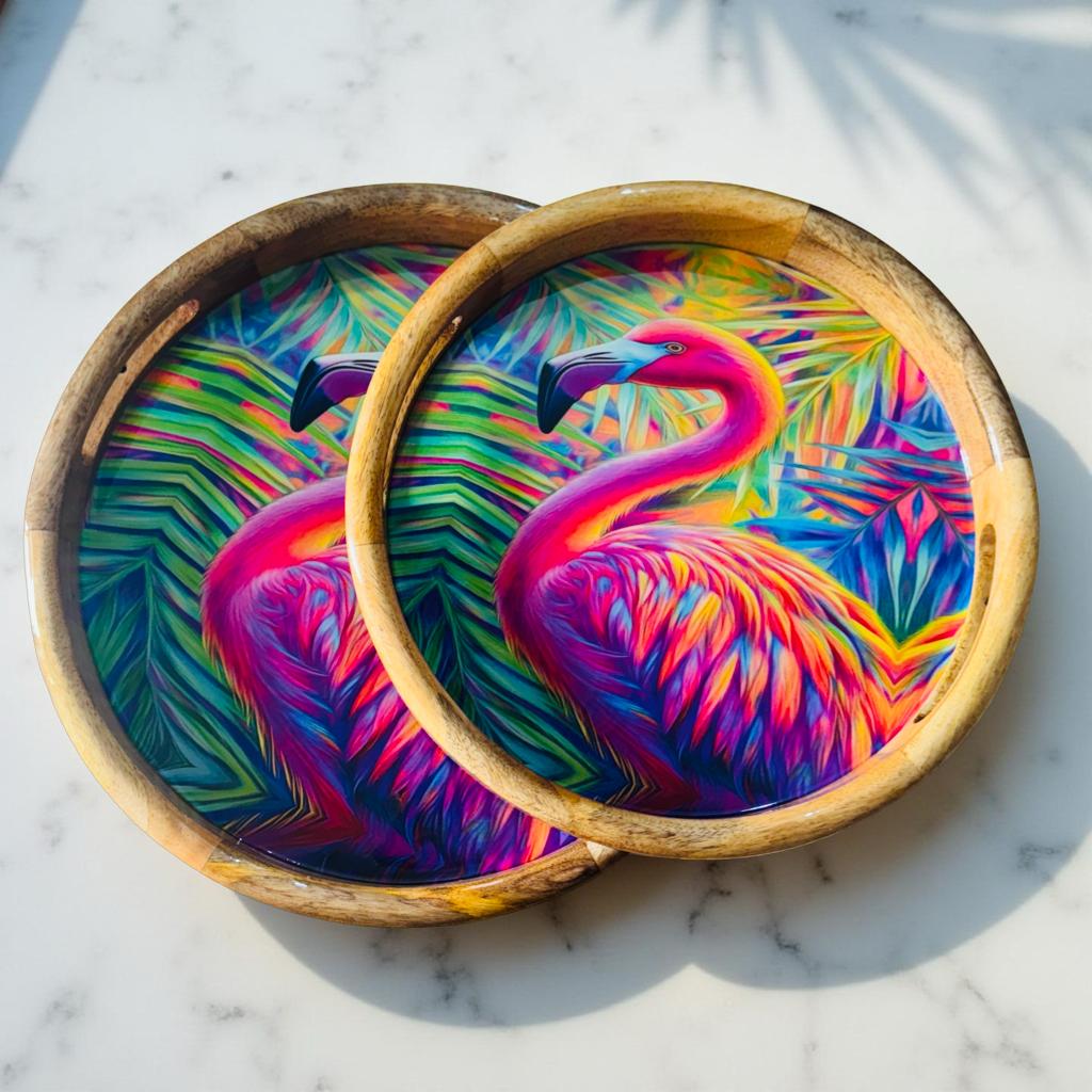 two flamingo printed serving tray set