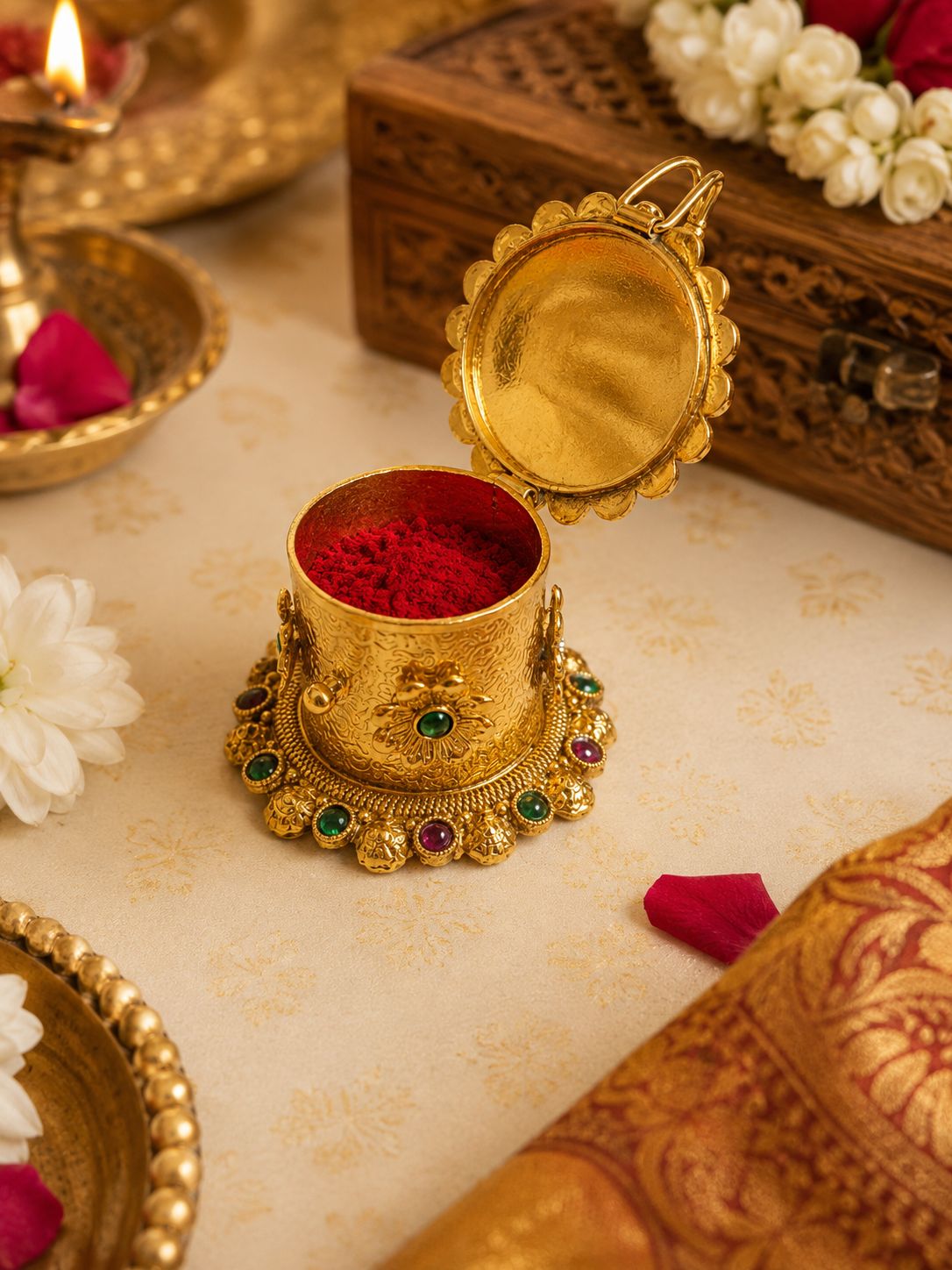 An ornate gold-toned traditional container with an open lid, filled with bright red powder, set on a cream patterned surface with decorative flowers, a wooden box, and lit oil lamps in the background.