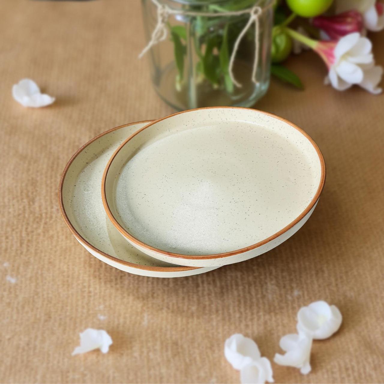 Two ceramic plates stacked on a textured surface with flowers in the background