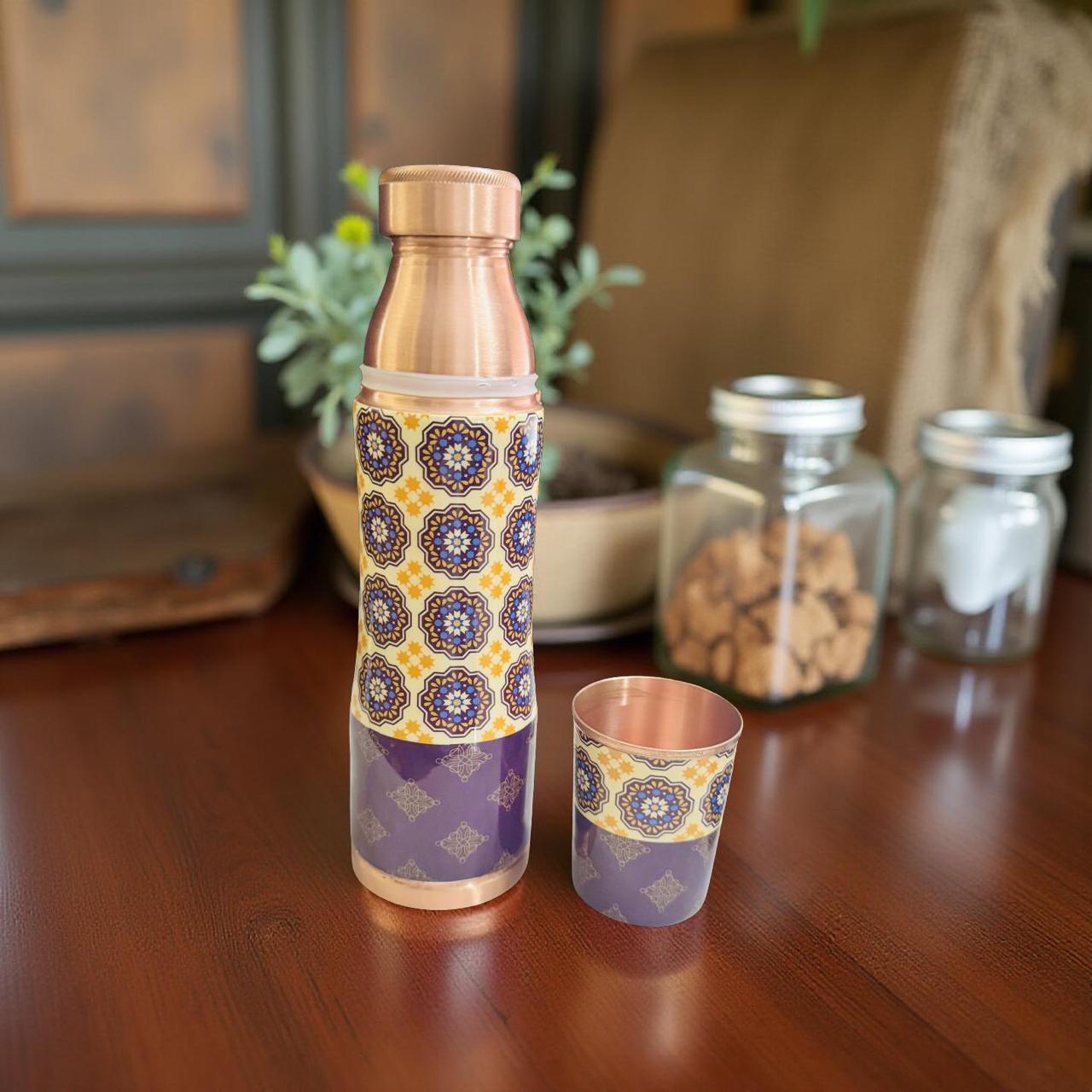 Printed Copper Bottle with Glass | Traditional Wellness Set