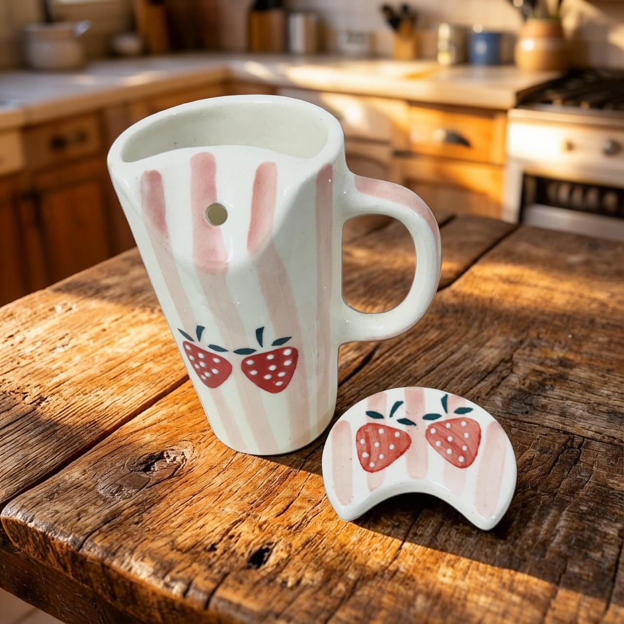 White mug with strawberry design on a wooden surface in a kitchen