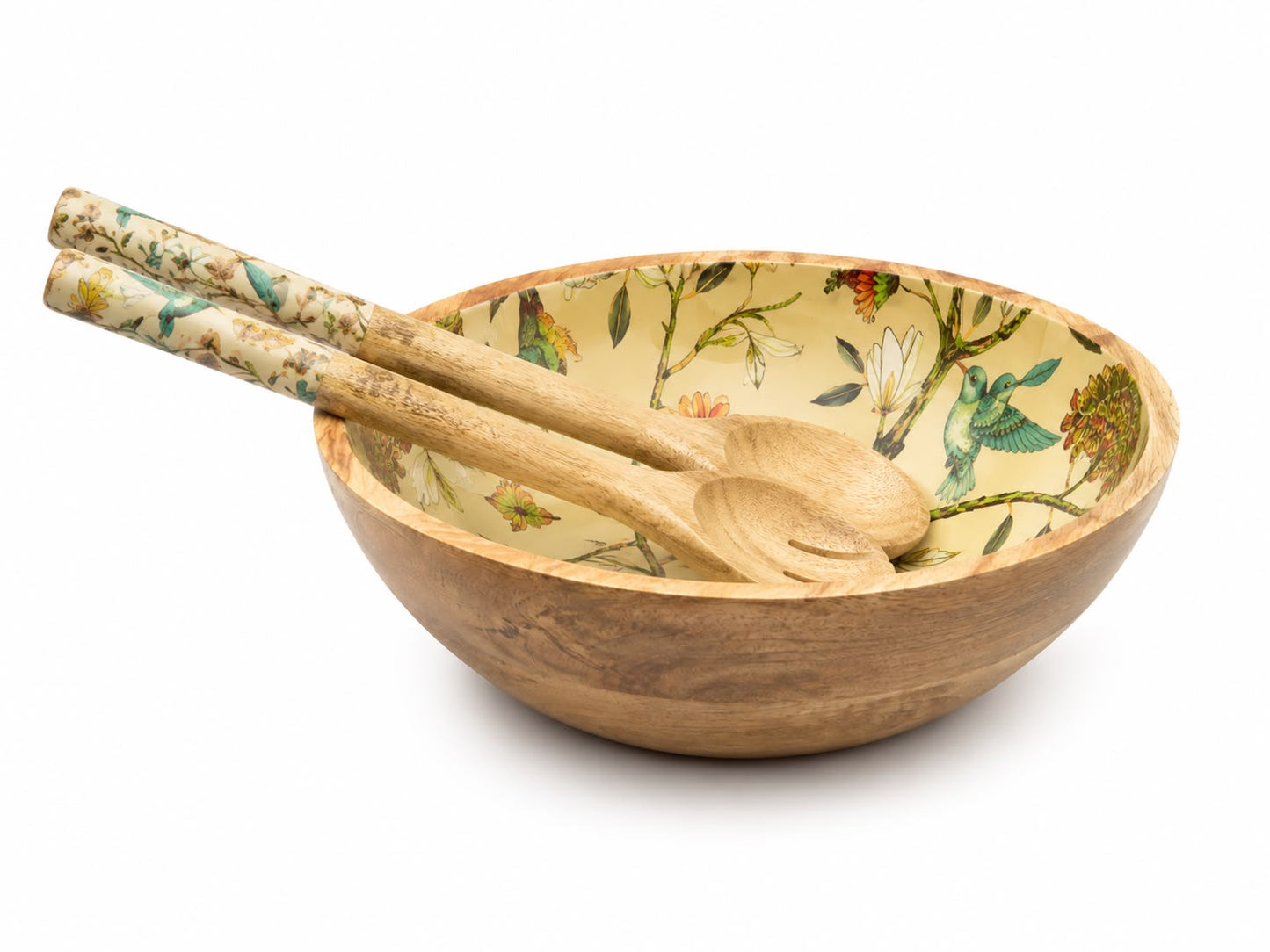 Floral wooden bowl and serving spoons for dining table