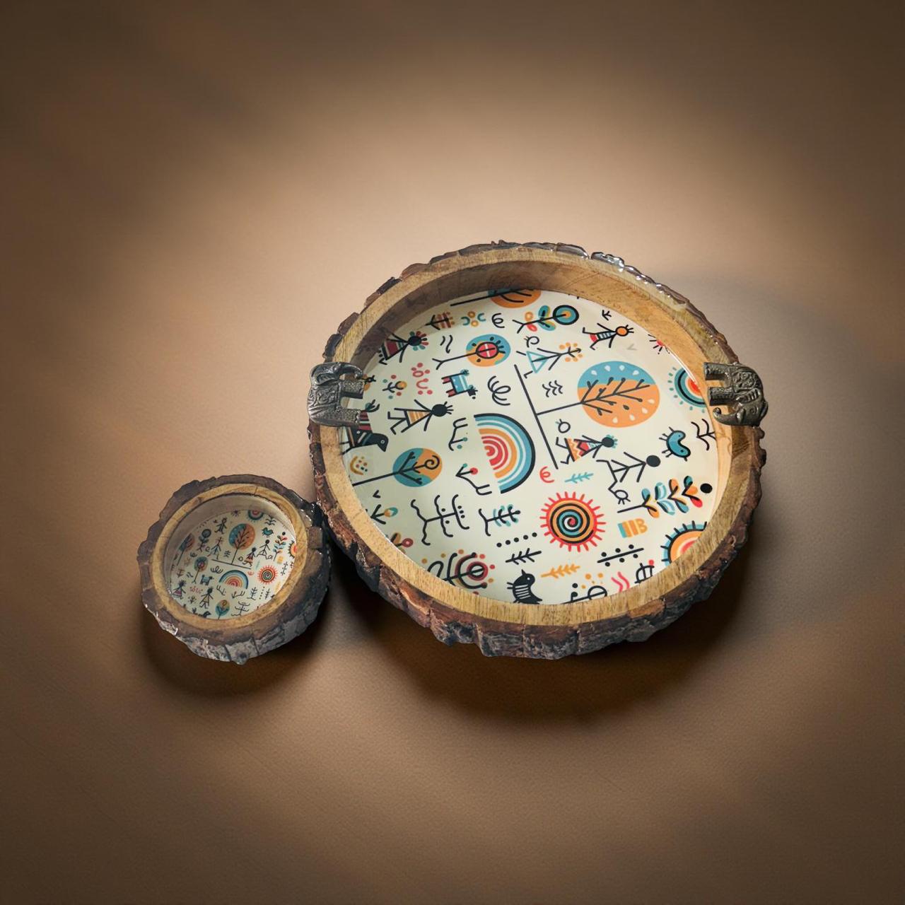 Decorative wooden bowls with colorful abstract patterns on a brown background