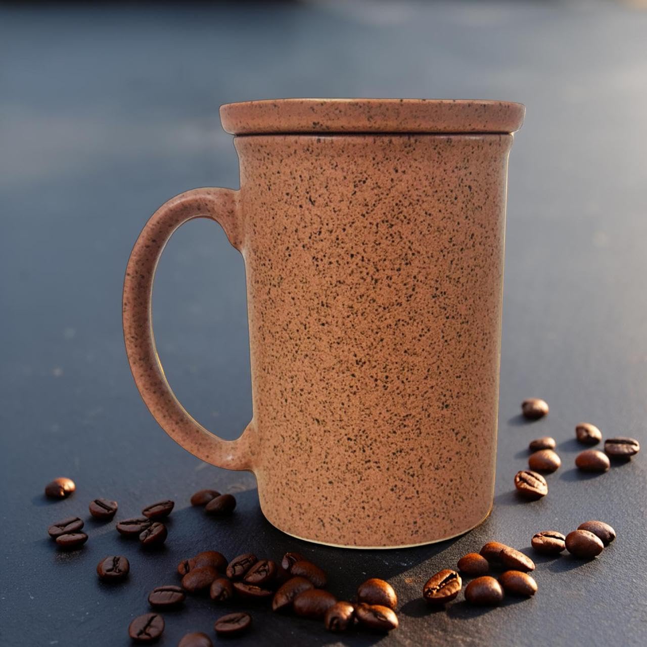 Rustic Brown Speckled Ceramic Coffee Mug with Lid