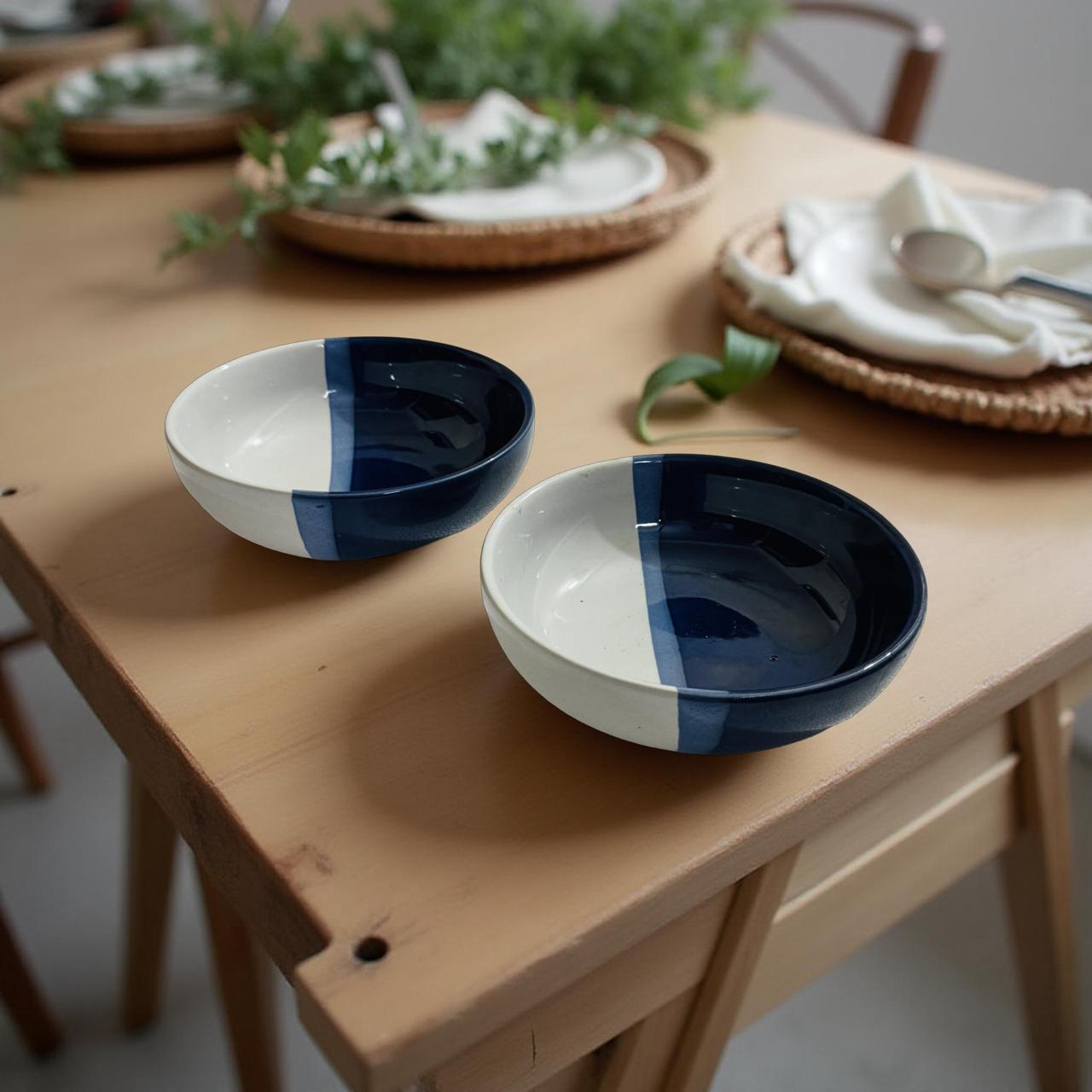Two blue and white ceramic bowls on a wooden table with blurred background