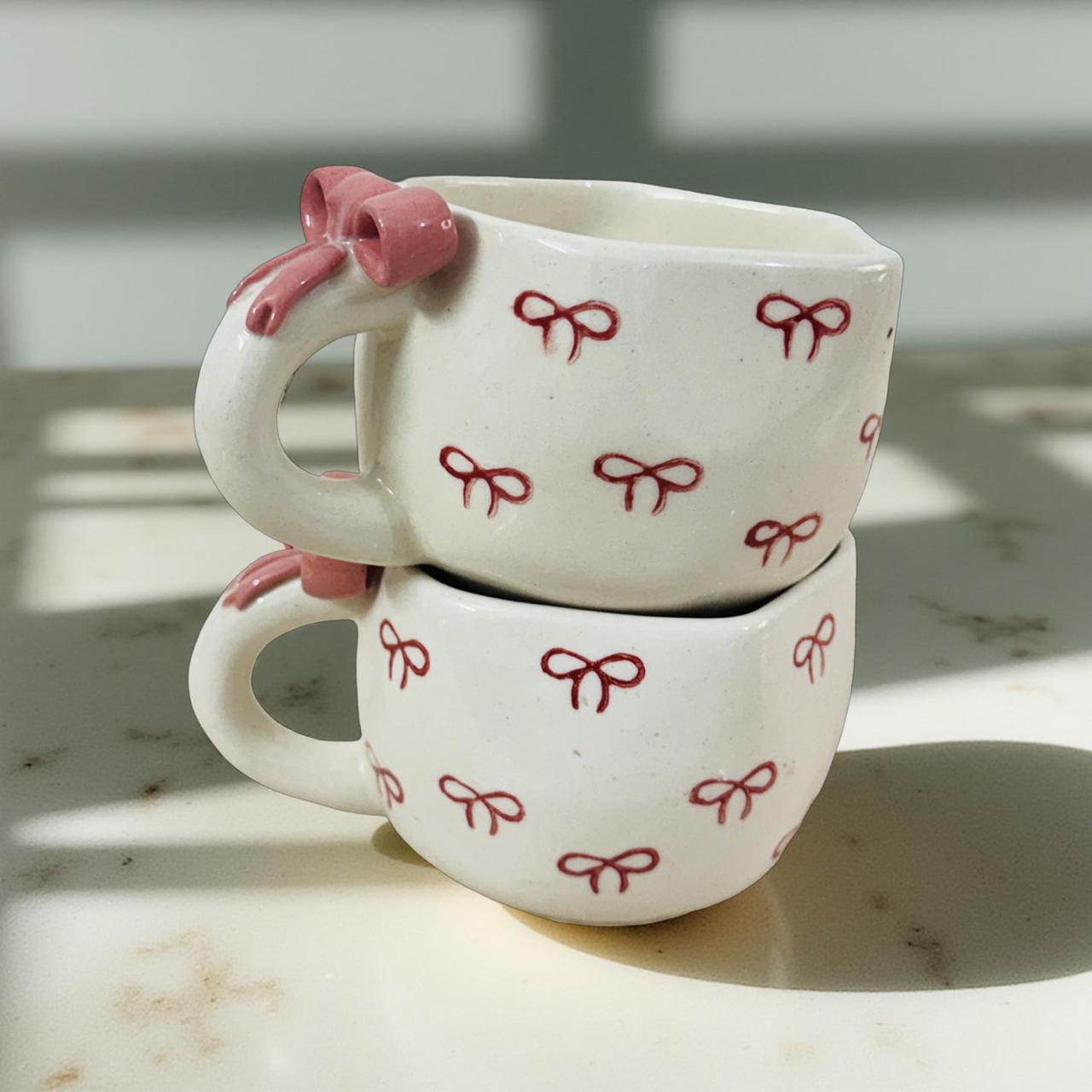 Two white ceramic mugs with red bow designs stacked on a marble surface.