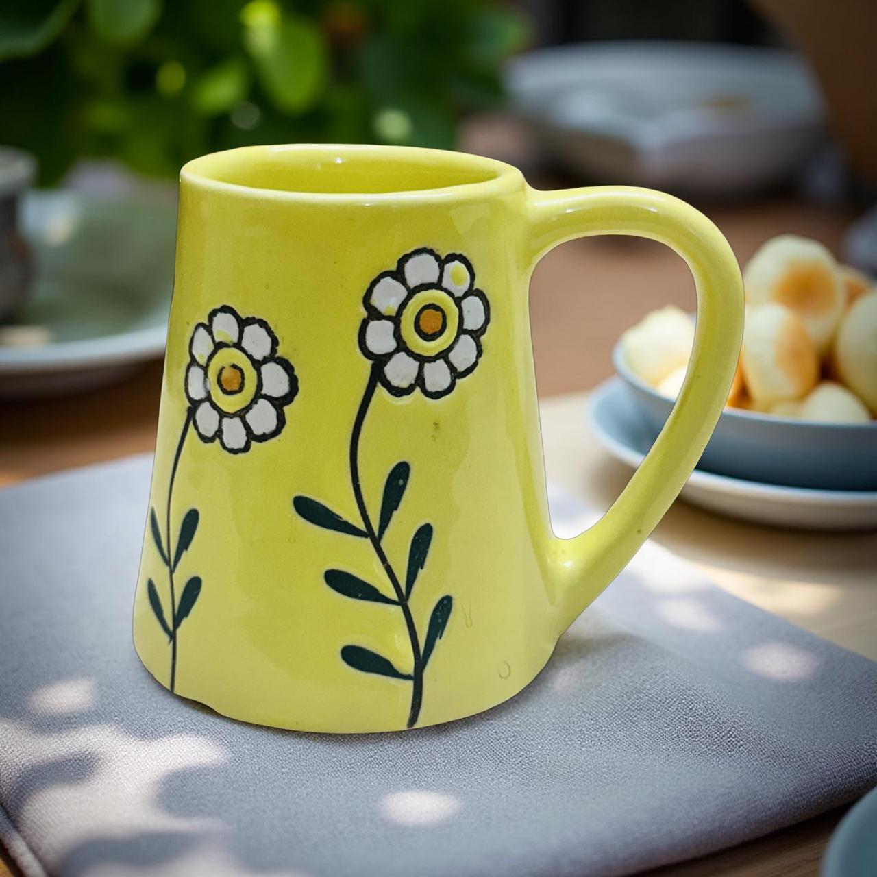 Sunshine Bloom Ceramic Mug Set of 2 | Floral Yellow Coffee & Tea Cups