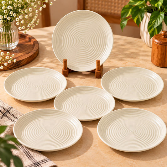 Beige melamine side plates set of 6 with textured concentric ring design
