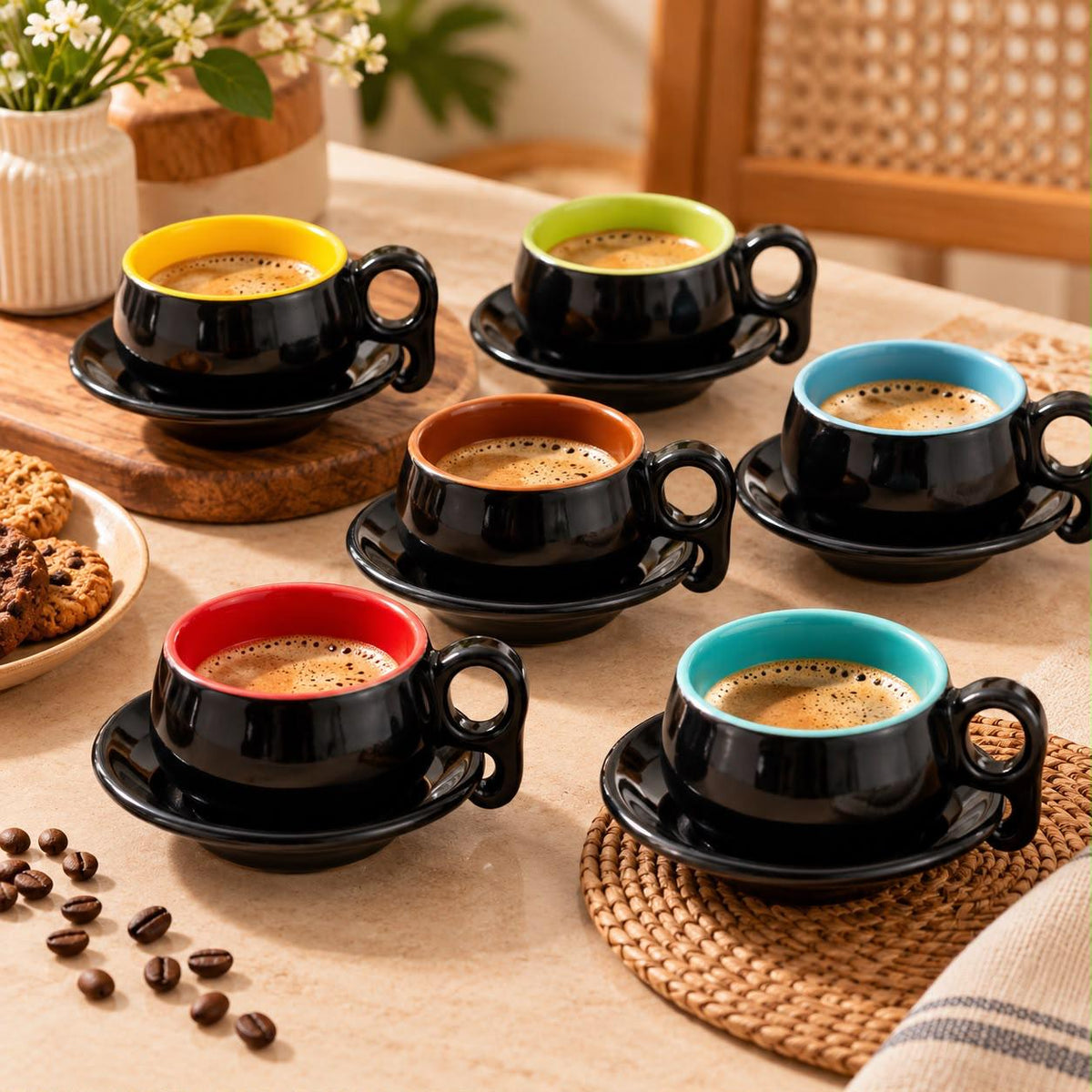 Set of 6 black ceramic coffee cups with colourful interiors and matching saucers by Lupaava
