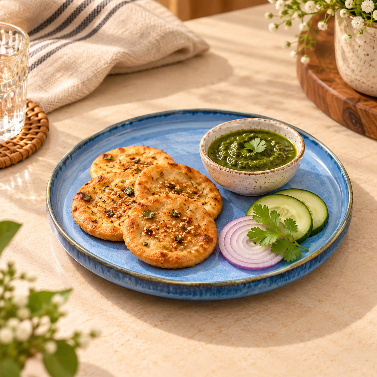 Lupaava ocean blue ceramic serving plate with speckled glaze and rustic brown rim