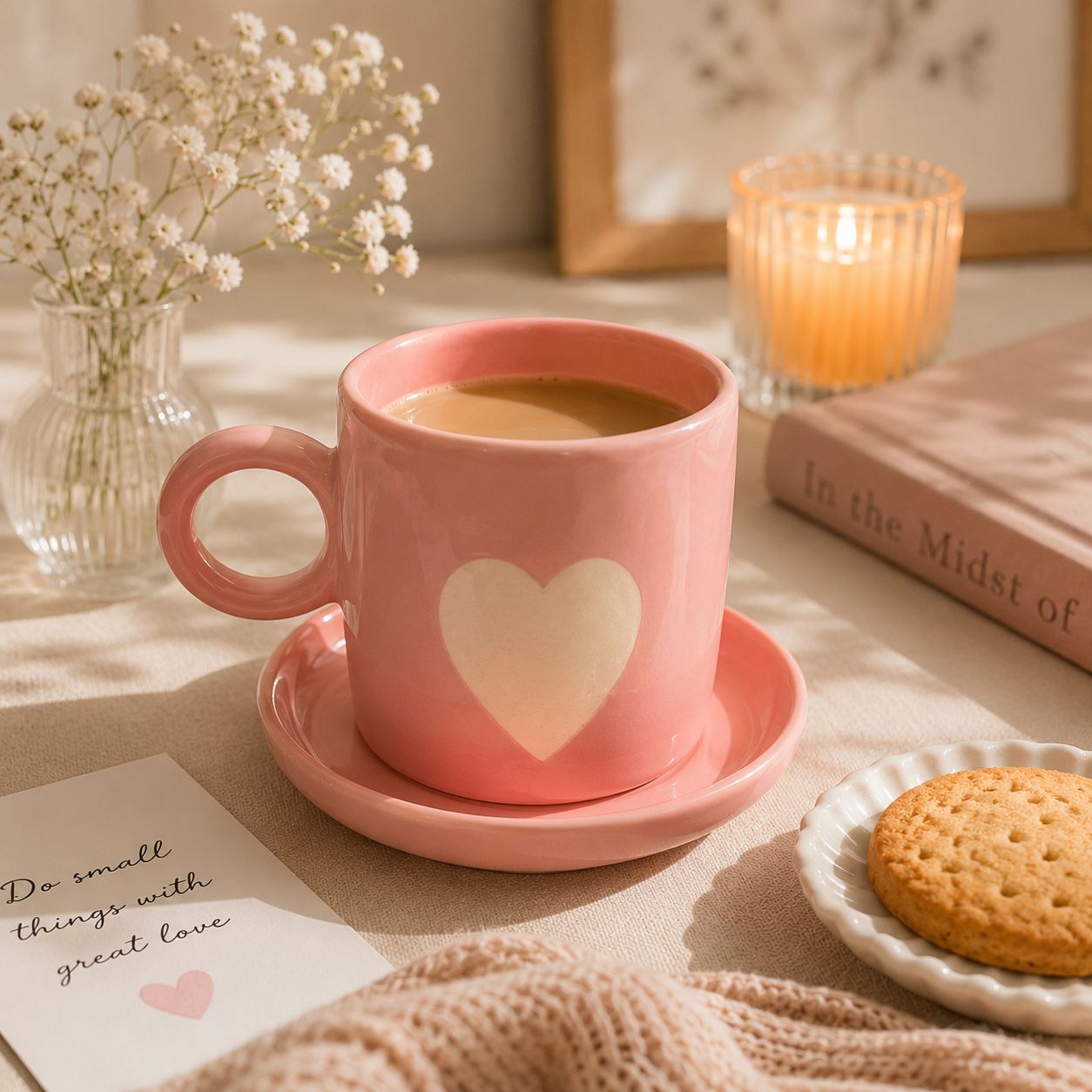 A pink ceramic mug with a white heart on a matching saucer, filled with a light brown beverage, styled on a table with a book, a cookie, a candle, and small white flowers in a vase.