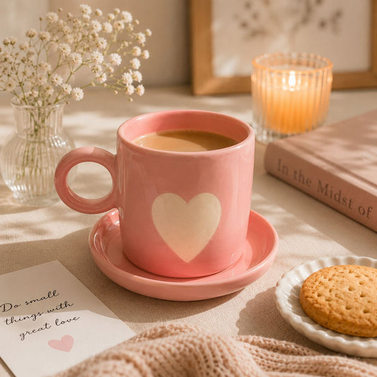 A pink ceramic mug with a white heart on a matching saucer, filled with a light brown beverage, styled on a table with a book, a cookie, a candle, and small white flowers in a vase.