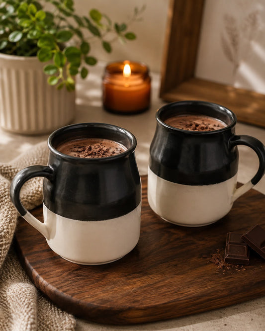 Black and white ceramic coffee mugs set of 2 with modern two-tone design
