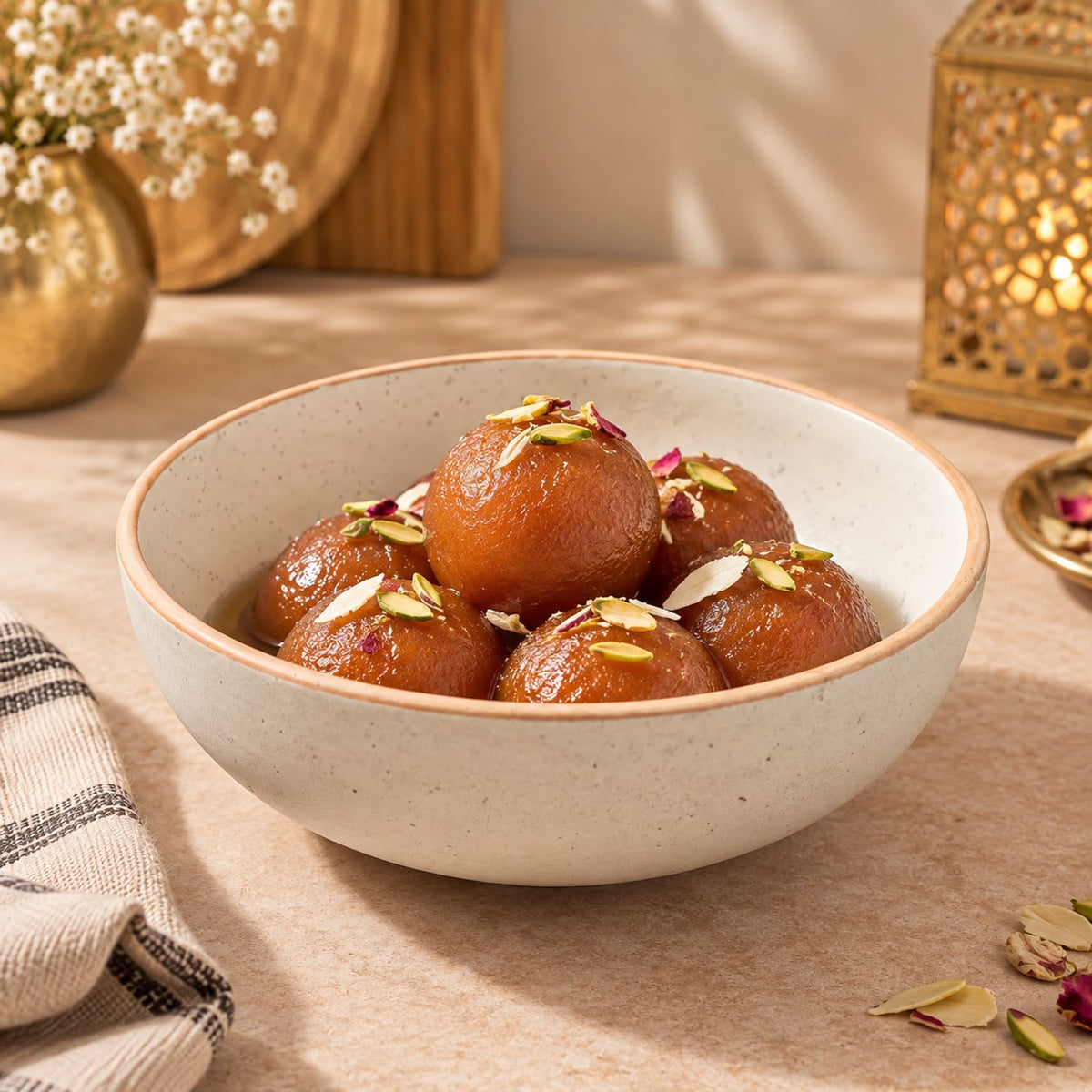 A ceramic speckled bowl filled with glossy gulab halwa, garnished with sliced almonds and rose petals, set on a beige tablecloth with warm decorative background elements.