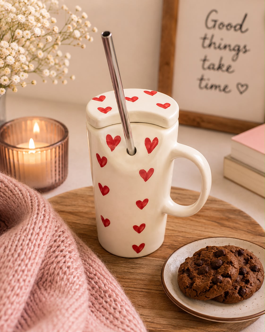 A white ceramic mug with a lid, decorated with small red hearts, featuring a stainless steel straw. The mug is styled on a wooden tray with a pink knit blanket, a chocolate chip cookie on a small plate, a lit candle, and baby's breath flowers in the background.