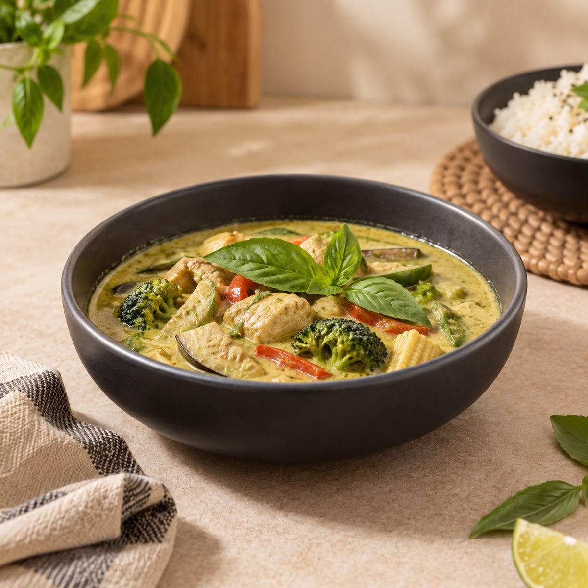 A bowl of creamy green chicken and vegetable curry with fresh basil leaves, served in a dark gray bowl on a beige tabletop with a plate of white rice in the background.