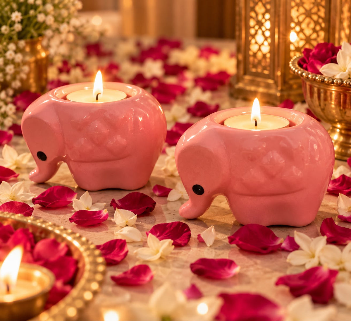 Ceramic elephant candle holders styled for Diwali festive decor
